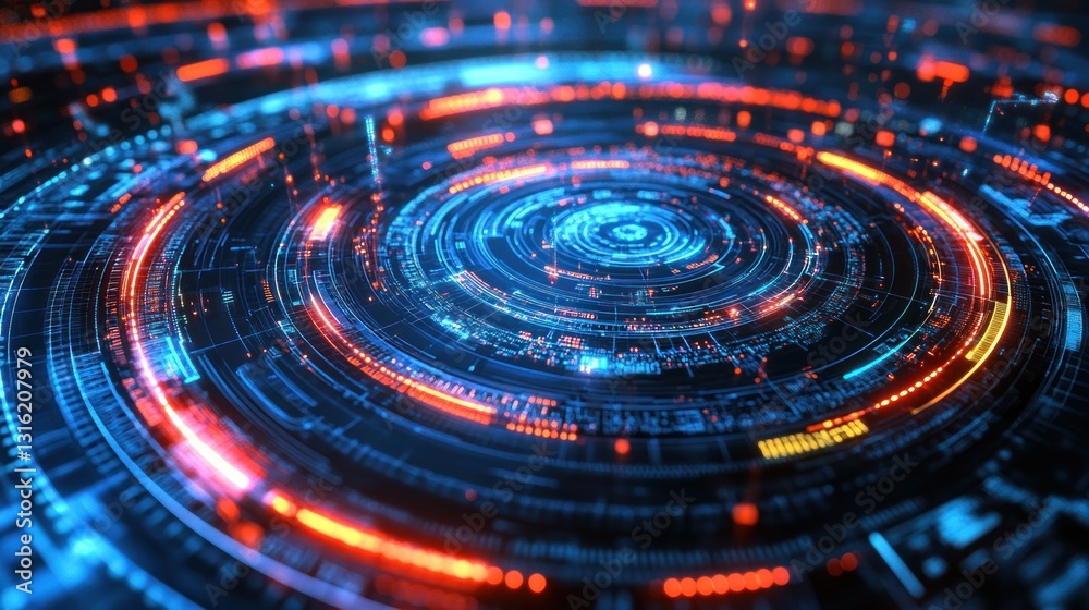 Circular digital interface, glowing rings, futuristic design Circular digital interface, glowing rings, futuristic design
