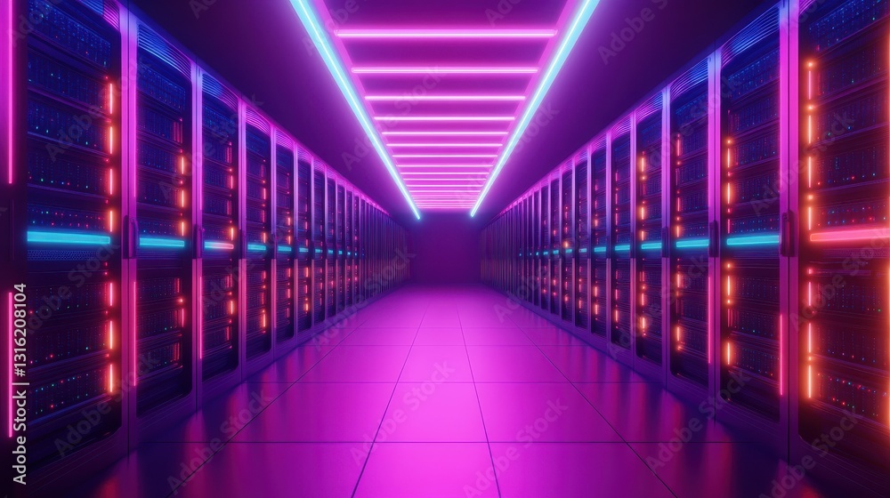 A futuristic server room illuminated with vibrant neon lights, showcasing rows of servers in a sleek, high-tech environment. A futuristic server room illuminated with vibrant neon lights, showcasing rows of servers in a sleek, high-tech environment.