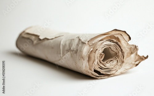 Close-up of an aged, rolled-up parchment or scroll with burned edges, resting on a plain white background. The texture is rough and the color is off-white or beige