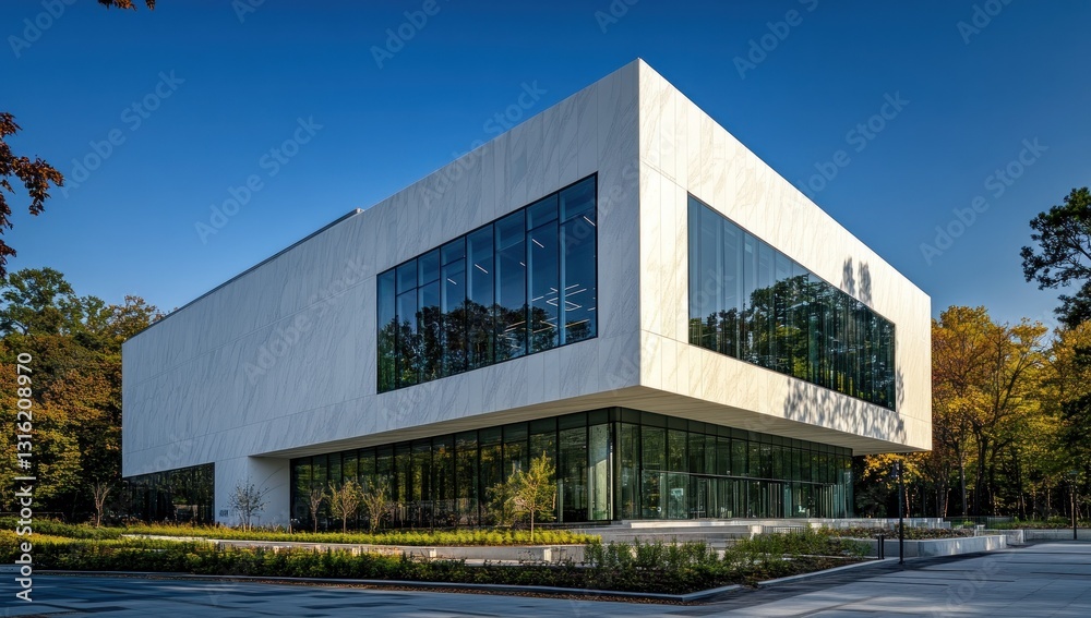 Obraz premium Modern white marble building with large glass windows, situated in a landscaped area with trees.