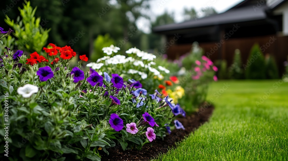 Fototapeta premium Vibrant Summer Flower Garden Border: A Lush Landscape Photography AI Generated