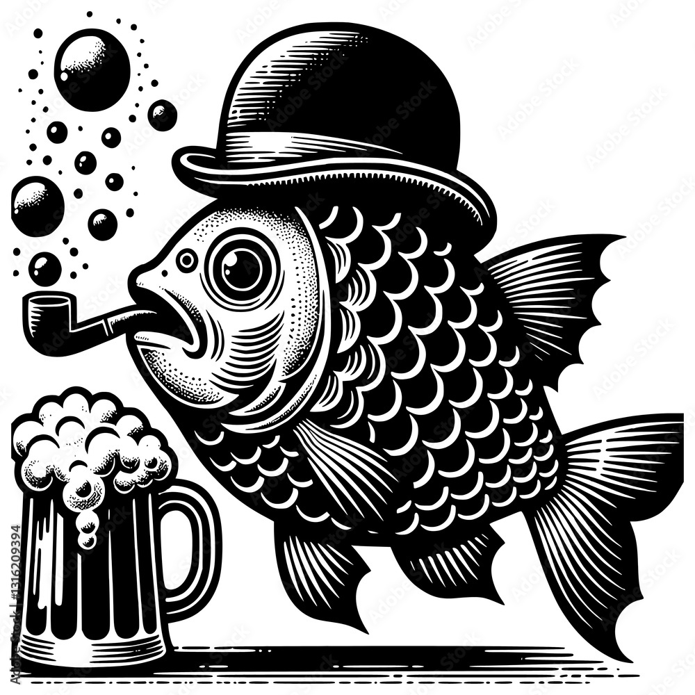 Fototapeta premium Whimsical Fish with Mug: A charming illustration of a fish wearing a bowler hat, puffing on a pipe, and holding a frothy mug of ale, showcasing a unique and humorous character.