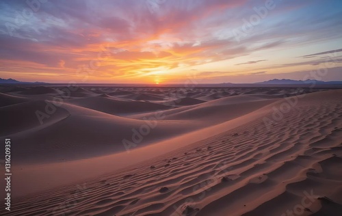 The sun setting over a colorful desert landscape with sandy dunes in the foreground