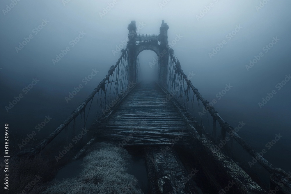 Fototapeta premium Misty wooden bridge leads to a lonely tree on a rocky island during early morning fog