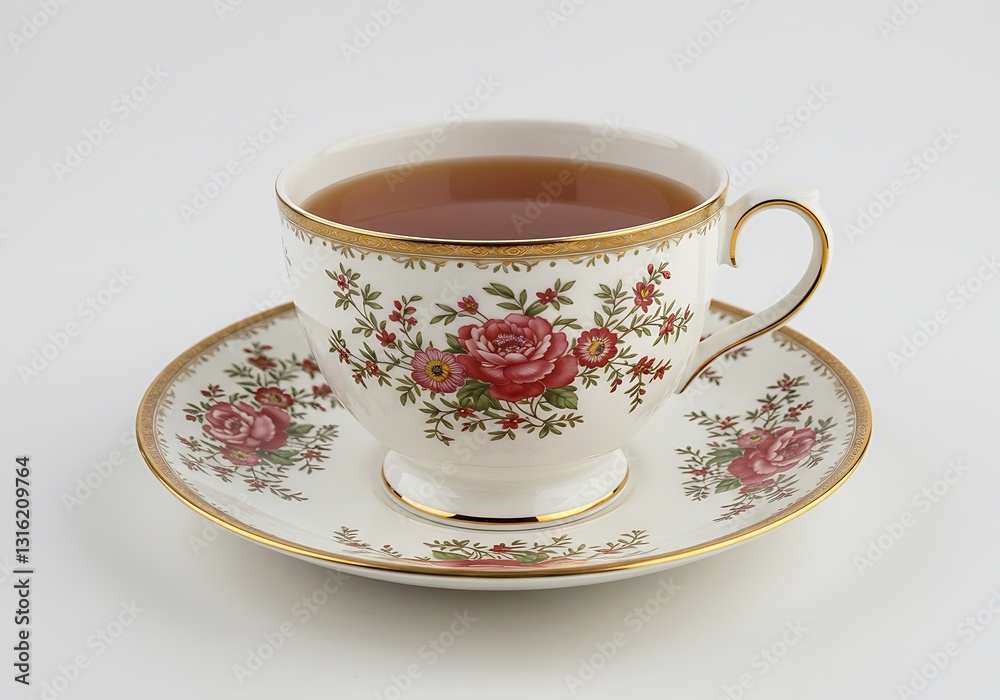 Fototapeta premium Elegant Floral Tea Cup with Tea on a White Saucer