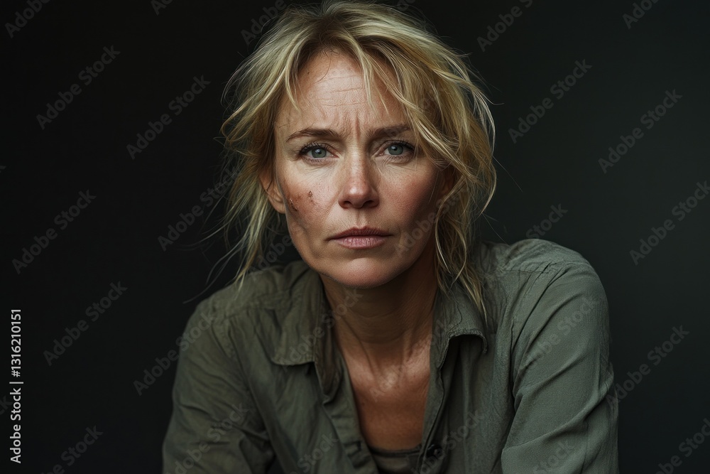 Close-up portrait of a serious middle-aged woman with blonde hair, wearing a green shirt against a dark background. Close-up portrait of a serious middle-aged woman with blonde hair, wearing a green shirt against a dark background.
