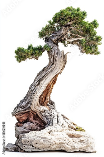 Photo of a pine bonsai tree with rugged bark and twisted trunk isolated on white background