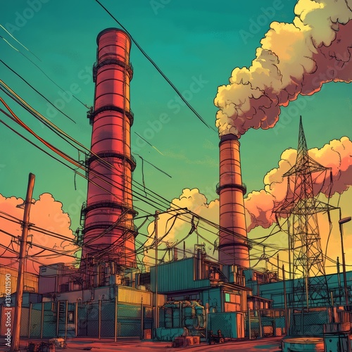 Industrial facility with smokestacks and electricity pylons situated near a river, showcasing intricate engraved details in a sketch engraving style, created using generative AI and raster photo