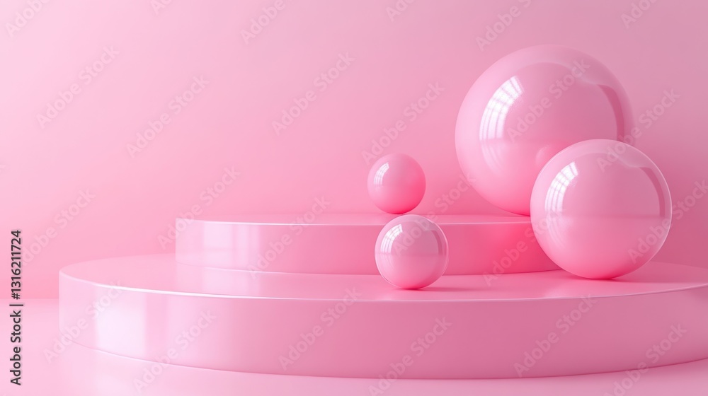 Pink spheres on tiered platform, pastel background Pink spheres on tiered platform, pastel background