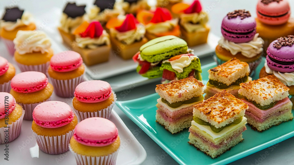 Colorful assortment of sweet pastries and cakes arranged carefully on elegant plates