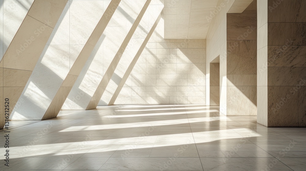 Obraz premium Sunlit modern minimalist interior architecture hallway with beige walls and floor.