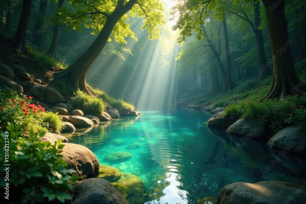 Naklejka premium Pool of Bethesda with sunlight filtering through the trees, light, peaceful, shadow