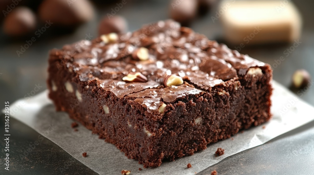 A gourmet hazelnut brownie, captured in the harsh studio light, reveals its rich, dark interior through a stark contrast of shadows and light, creating a photorealistic masterpiece. The background, A gourmet hazelnut brownie, captured in the harsh studio light, reveals its rich, dark interior through a stark contrast of shadows and light, creating a photorealistic masterpiece. The background,