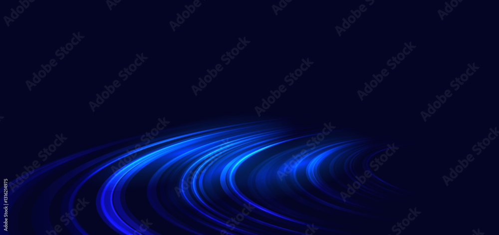 Fototapeta premium Speed motion movement horizontal blue curved lines on drak blue background with sparkle. Hi-speed racer car blue motion concept.