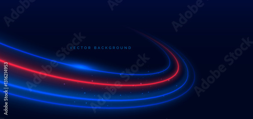 Light blue and red cuved rays glowing on dark blue background. High speed motion moving concept.