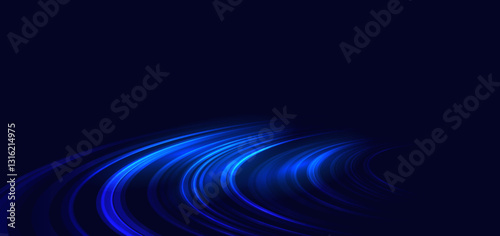Speed motion movement horizontal blue curved lines on drak blue background with sparkle. Hi-speed racer car blue motion concept.