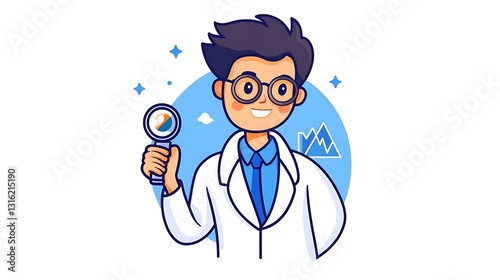Smiling Scientist Examining Data: Vibrant Hand-Drawn Illustration AI Generated