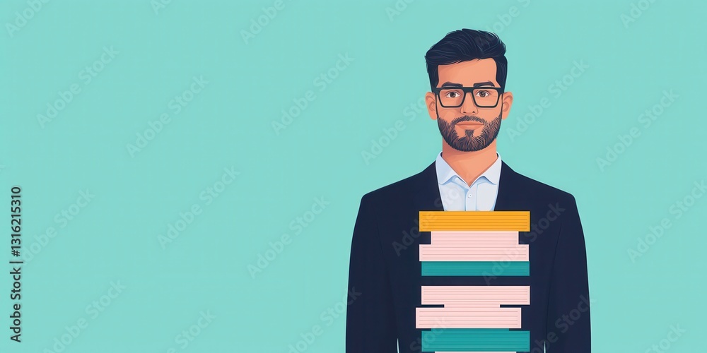 knowledge expansion cognition strategy concept. Businessman holding books against a teal background.