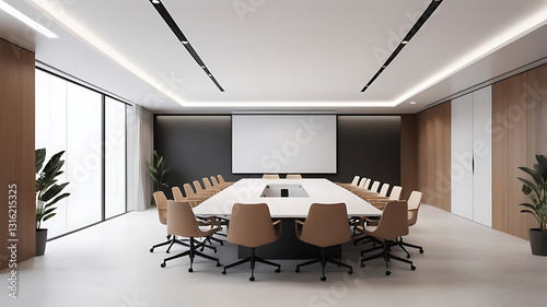 Modern conference room setup be optimized for presentations. Bright meeting room.