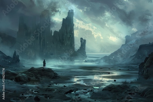 Mysterious rock formations tower over a traveler in a desolate alien landscape