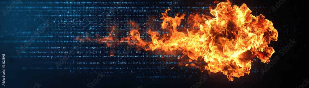 Exploding Fireball with Digital Background Representing Cyber Threats and Hacker Activities Exploding Fireball with Digital Background Representing Cyber Threats and Hacker Activities