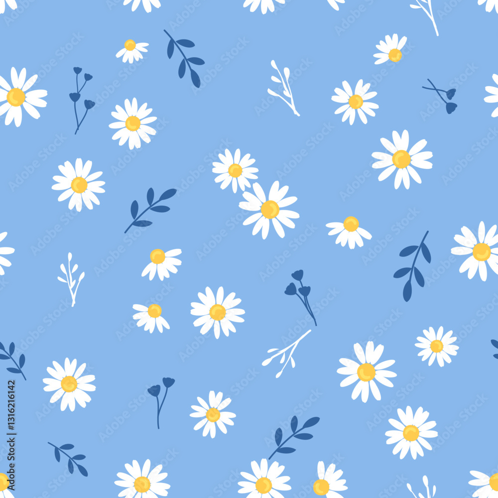 Seamless pattern with daisy flower and branches on blue background vector. Seamless pattern with daisy flower and branches on blue background vector.