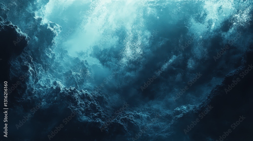 A blue ethereal cavern with textured clouds illuminated from above A blue ethereal cavern with textured clouds illuminated from above