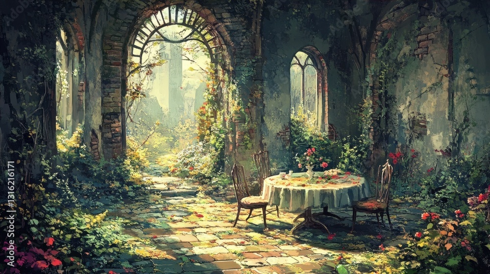 Obraz premium Enchanted Ruins with Overgrown Plants and Serene Dining Setting