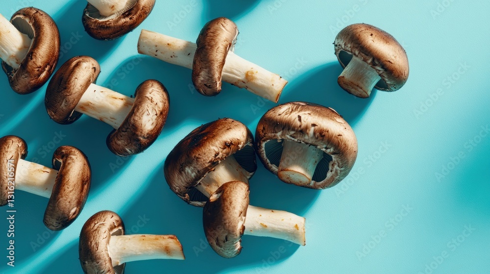 Close-up of fresh brown mushrooms scattered on a vibrant blue background, illuminated by sunlight. Close-up of fresh brown mushrooms scattered on a vibrant blue background, illuminated by sunlight.