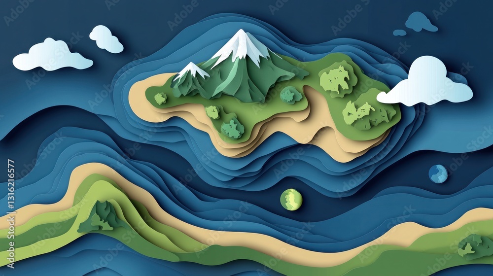 Papercut Island Over Wavy Ocean Papercut Island Over Wavy Ocean