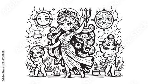 Vector illustration of cartoon woman black and white drawing For children to learn to color according to the picture.