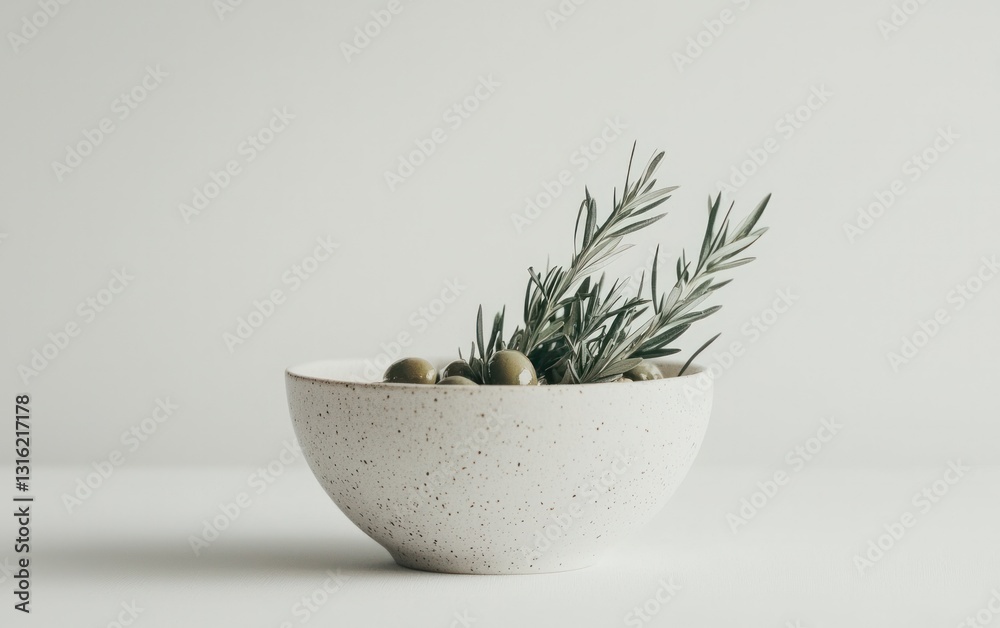Speckled white bowl filled with green olives and a sprig of rosemary, set against a minimalist white background. Speckled white bowl filled with green olives and a sprig of rosemary, set against a minimalist white background.