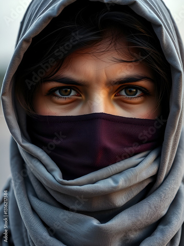 Close-up of a woman's face with a scarf covering her hair and eyes, possibly for modesty or to conceal identity
