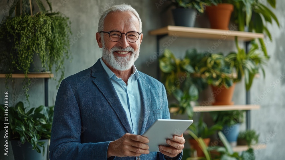 Sophisticated portrait of an older gentleman smiling while holding a tablet in a lush, green indoor space during daylight hours Sophisticated portrait of an older gentleman smiling while holding a tablet in a lush, green indoor space during daylight hours