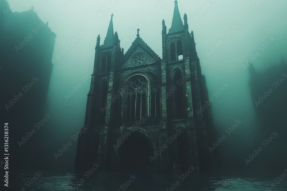 Obraz premium An imposing church structure submerged in foggy and murky water