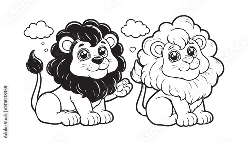 Vector illustration of cartoon lion black and white drawing For children to learn to color according to the picture.