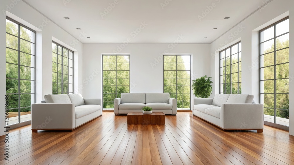 Fototapeta premium A modern, airy living room with large windows, minimalist white furniture, and wooden flooring, creating a bright and inviting atmosphere.