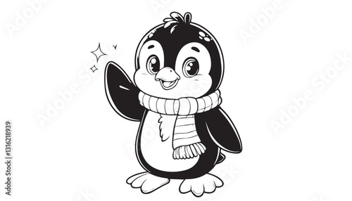 Vector illustration of cartoon Penguins black and white drawing For children to learn to color according to the picture.