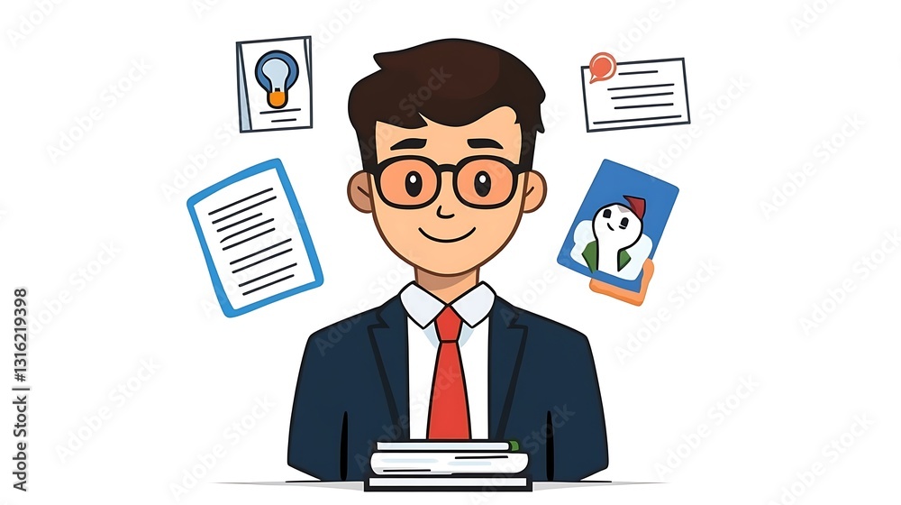 Happy Young Professional with Documents and Ideas - Hand-Drawn Illustration AI Generated Happy Young Professional with Documents and Ideas - Hand-Drawn Illustration AI Generated
