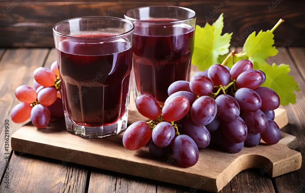 A glass of freshly squeezed grape juice on a rustic wooden table with grapes in the background A glass of freshly squeezed grape juice on a rustic wooden table with grapes in the background