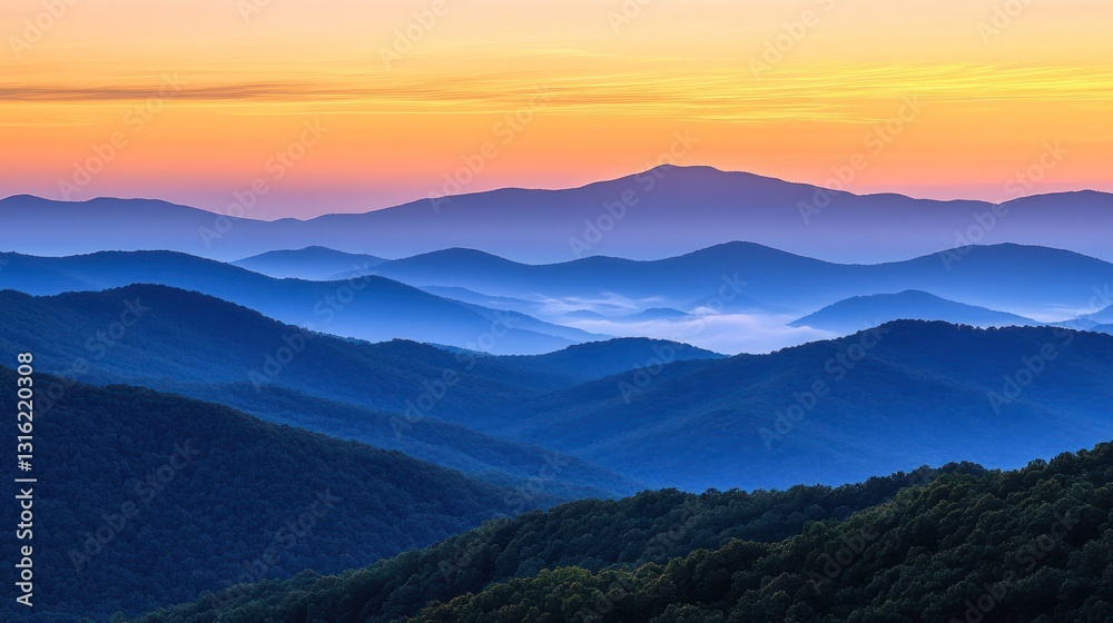 Serene sunrise over layered blue mountains with mist in valleys. Serene sunrise over layered blue mountains with mist in valleys.