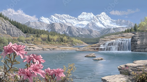 Serene Mountain Lake Landscape with Waterfall and Pink Flowers