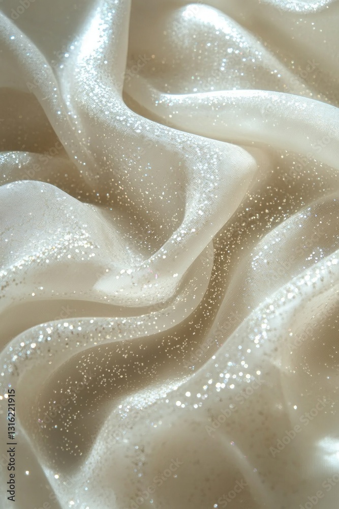 Close-up of luxurious, shimmering, cream-colored fabric with subtle folds and texture. Close-up of luxurious, shimmering, cream-colored fabric with subtle folds and texture.