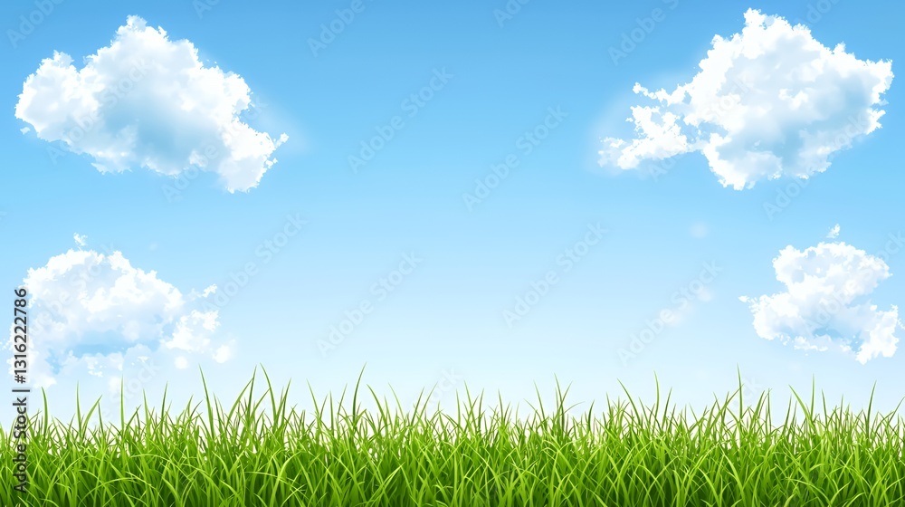 Vibrant Green Grass Field Under a Bright Blue Sky with Fluffy White Clouds Vibrant Green Grass Field Under a Bright Blue Sky with Fluffy White Clouds