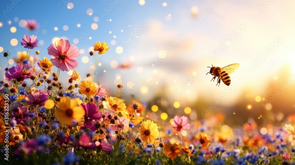 Fototapeta premium Busy bee flying over a colorful field of flowers bathed in warm sunlight in a beautiful natural setting