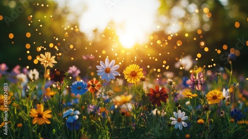 A vibrant field of flowers with the sun shining brightly in the background creating a stunning landscape