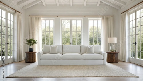A bright and airy living room featuring a white sofa, large windows, and elegant decor, creating a serene and inviting atmosphere.