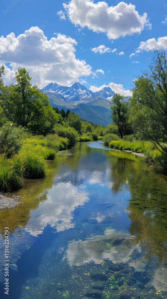 Tranquil River and Majestic Mountains: A Serene Natural Landscape Tranquil River and Majestic Mountains: A Serene Natural Landscape