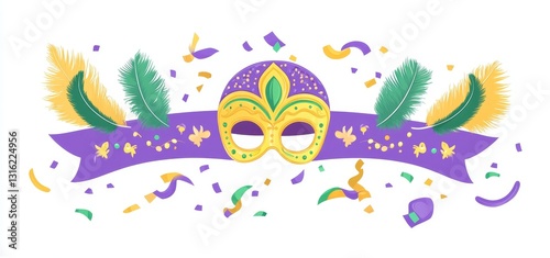 Modern Mardi Gras border illustration featuring a mask, beads, and carnival icons, set against a white background, ideal for social media, banners, posters, frames, and festival decorations photo