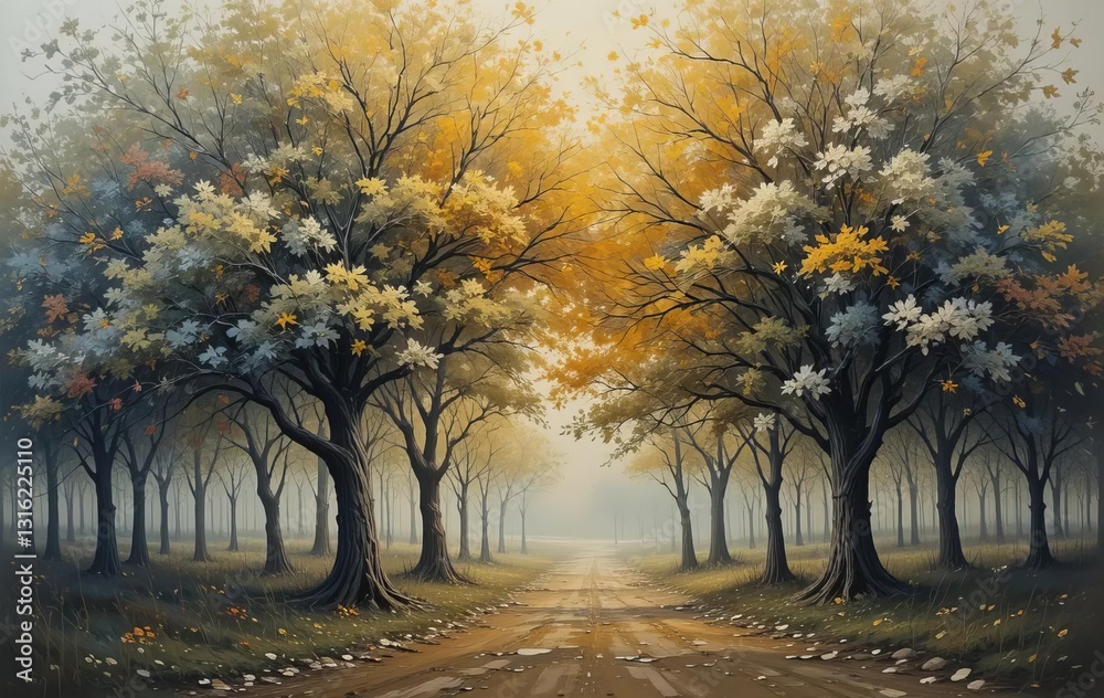 Naklejka premium An oil painting of a forest with tall trees and a vibrant blue sky in the background